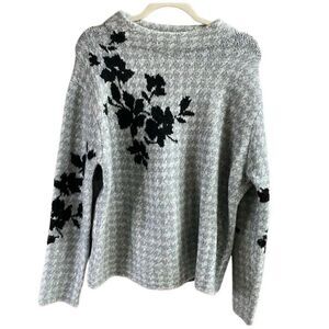 OLIVER O Ladies Houndtooth Floral Crew Neck Sweater Large Blue Gray and Black